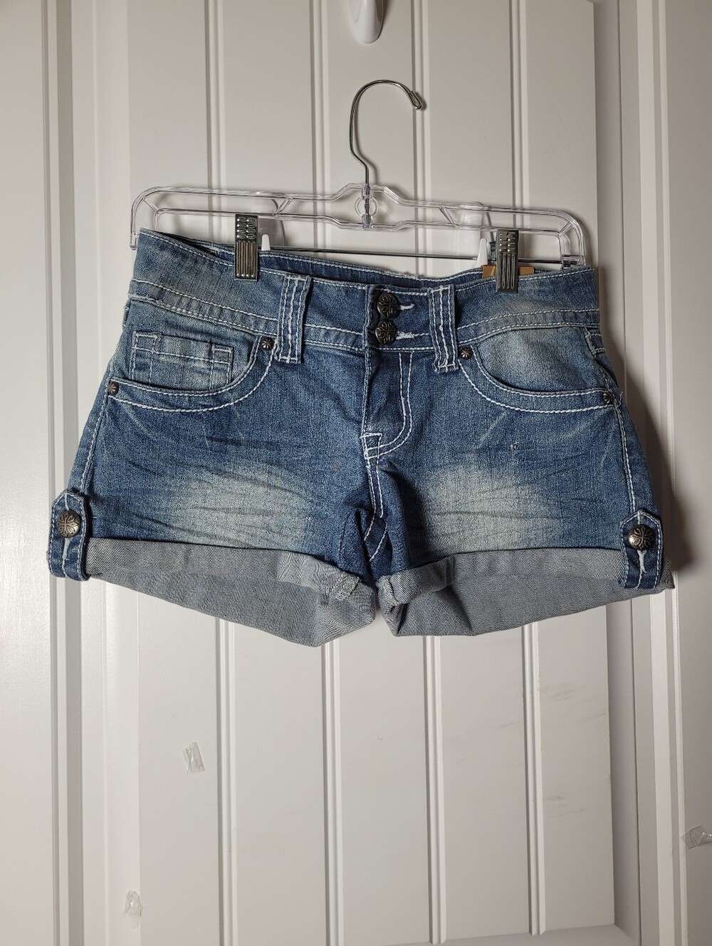 NWT Blue Denim Roll-Cuff Y2K Women's Shorts with Rhinestone on back pocket.